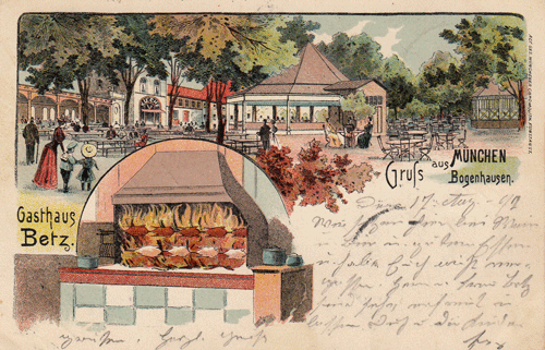 Tanzpavillon (links oben) und Karussell (rechts außen) und »Hühnebratereistation«, 1897, historische Ansichtskarte der Gastwirtschaft aus den Jahren um 1900 und 1912 © privat