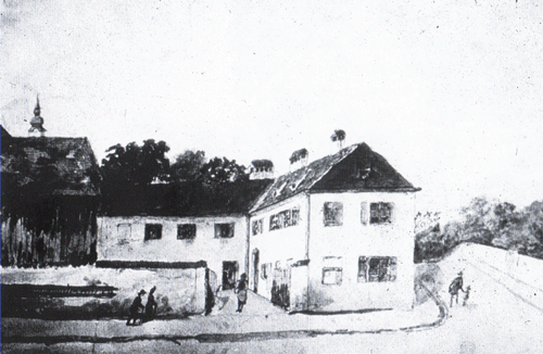 Bogenhauser Tafernwirtschaft von Anton Gründwald (später Lorenz Betz), Hausnummer 1, Blick von der Ismaninger Landstraße aus, um 1840. Rechts verläuft die Törringstraße.