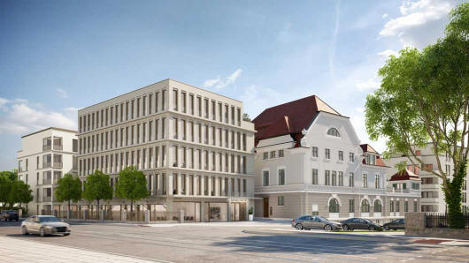 Ecke Ismaninger/Törringstraße (Architekturskizze). links befand sich die ehemalige Metzgerei der Wirtschaft sowie der Eingang zum ehemaligen Togalwerk