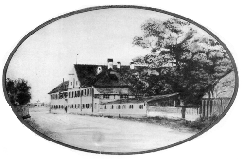 Die Tafernwirtschaft Grünwald von der Törringstraße aus zu sehen. Aquarell um 1840, vermutlich vom russischen Maler Josef Puschkin. Links im Hintergrund das Wohnhaus des Direktors der königlichen Sternwarte.