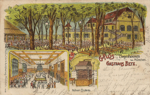 Der große Wirtsgarten mit Pavillon (links), Innenräume und Hühnerbraterei um 1900, historische Ansichtskarte der Gastwirtschaft aus den Jahren um 1900 und 1912 © privat