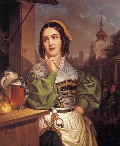 »Schöne Bogenhauserin«, Alt-Münchner Kellnerin in der Grünwald-Betz'schen Wirtschaft, Gemälde von Georg Wilhelm Wanderer, 1841. Im Hintergrund der Turm von St. Georg und die Frauenkirche (perspektivisch nicht korrekt), rechts der Tanzpavillon.