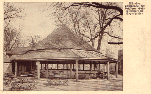 Postkarte »München. Tanzboden der Betz'schen Gastwirtschaft in Bogenhausen«, Rückseite: Anlässlich der 41. Wanderversammlung des Verbandes Deutscher Architekten- und Ingenieur-Vereine München 1912, Altmünchner Bauten, Serie II, Nr. 17.