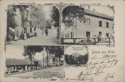 Ansichtskarte mit Mehrfachansicht, 1905: »Gasthaus am Priel« (links oben), Gasthaus »Zum Prielhof« (Oberföhringer Straße 42), Bayerische Kunststeinwerke mit Spezerei und Branntweinhandlung von Joseph und Anna Holzmiller, ehemalige Adresse Priel 9a, dann Oberföhringer Straße 35, Schmid'sche Ofenfabrik © Stadtarchiv München, Sign. DE-1992-FS-PK-STB-08572