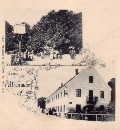 Der »Alte Wirt« in Zamdorf, Ausschnitt aus einer historische Ansichtskarte aus dem Jahr 1898 © privat. Im Vordergrund ist ein Kilometerstein zu sehen.