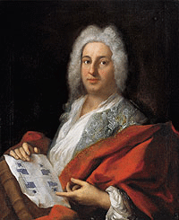 Joseph Effner, den Bauplan von Schloss Schleißheim haltend, Ölgemälde von Jacopo Amigoni, um 1720/21, Neues Schloss Schleißheim