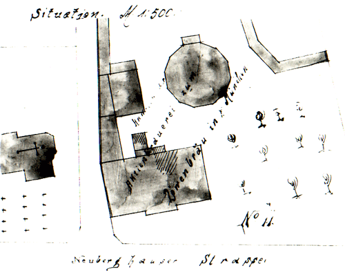 Im Ausschnitt aus dem Lageplan von 1905 ist gut der ständige Stein des Anstoßes für den kirchlichen Nachbarn zu sehen: der große Biergarten mitsamt Tanzpavillon.