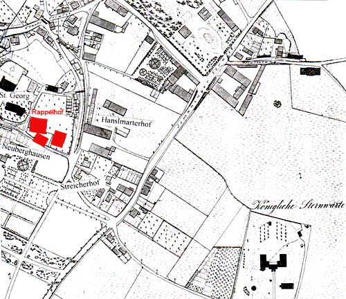 Lageplan Bogenhausen, ca. 1840. Neben der Kirche St. Georg ist das Anwesen des Rappelhofes, das spätere Areal der Lauer-Villa", eingezeichnet. Östlich davon liegt der "Hanslmarterhof", das größte bäuerliche Anwesen Bogenhausens zu dieser Zeit und im Familienbesitz der Selmayrs. Schloss Neuberghausen mit seinen Gartenanlagen ist noch nicht dem Erdboden gleichgemacht. Ganz außen rechts liegt auf freiem Feld die Königliche Sternwarte.