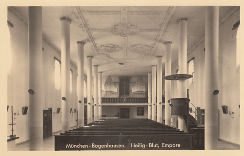 Heilig Blut, Empore und Orgel um 1935, historische Ansichtskarte © privat