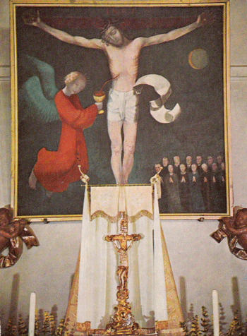 Hochaltarbild Haupt- und Marienaltar von Kunstmaler Prof. Albert Burkart, 1975; historische Ansichtskarte © privat