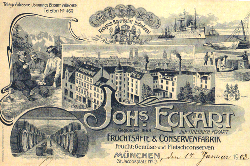 Briefkopf der Dampfkonservenfabrik Johannes Eckart, München 1903. Quelle: Marita Krauss: Die königlich bayerischen Hoflieferanten, München 2009, S. 38) Wie in einem Bilderbuch wird die Konserve in ihren diversen "Einsatzbereichen" vom Picknick bis zu den Ladentischen ferner Länder aufgezeigt.
