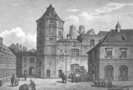 Der Observatoriumseckturm des Jesuitenkollegs. Im rechten Vordergrund das Kadettenkorpsgebäude, links die Herzog- Max-Burg. (Stich von Anton Höchl, 1877)