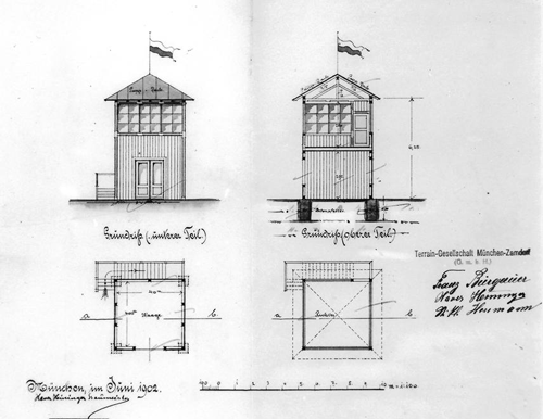 Überschrieben im Original: »Über Errichtung einer Trabrennbahn auf dem Areal der Terrain-Gesellschaft-München-Zamdorf (Richterhäuschen)«, München im Juni 1902, Xaver Heininger, Baumeister. Unterzeichnet rechts unten von Franz Burgauer und Xaver Heininger, © Archiv der Trabrennbahn