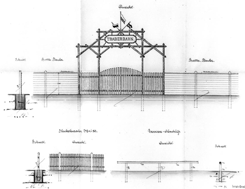 Überschrieben im Original: »Über Errichtung einer Trabrennbahn auf dem Areal der Terrain-Gesellschaft-München-Zamdorf (Einfahrtsthor für die Wagen)«, München im Juni 1902, Xaver Heininger, Baumeister, © Archiv der Trabrennbahn Daglfing
