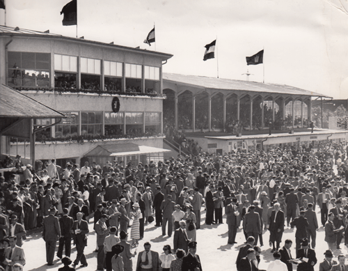 Pralles Leben auf der Daglfinger Trabrennbahn, mit aufgestocktem Teehaus und alter Holztribüne in den 1960er-Jahren, © privat