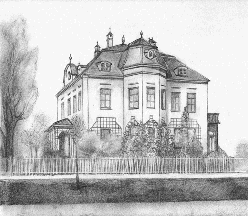 Die einstige Villa von Lorenz Hartl in Oberföhring; Zeichnung von Karin Bernst, aus dem Kalender 2011 "Ein Spaziergang durch den Münchner Nordosten", © Verein für Stadtteilkultur im Münchner Nordosten e.V.