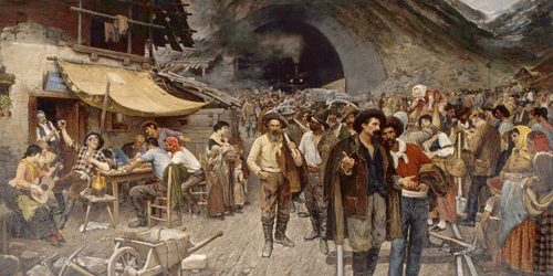 »Schichtwechsel beim Bau des Gotthards-Tunnels«, Gemälde von Ernst Philipp Fleischer, 1886.
