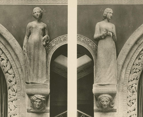 Ein Beispiel für die »neue« Form der Bauplastik Floßmanns: die Statuen der törichten und der klugen Jungfrau an der Aula der Städtische Höhere Töchterschule an der Luisenstraße, 1904. © Stadtarchiv München, Sign. DE-1992-FS-LI-0275-23