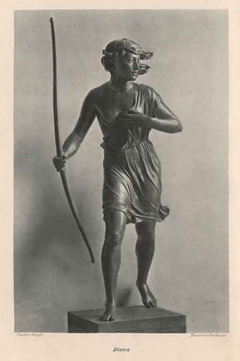 Bronzefigur der Diana, geschaffen von Theodor Georgii im Auftrag der Familie Siemens, 1912. Die 1,45 Meter große Figur wurde in der Villa der Unternehmer in Forte dei Marmi/Italien aufgestellt.