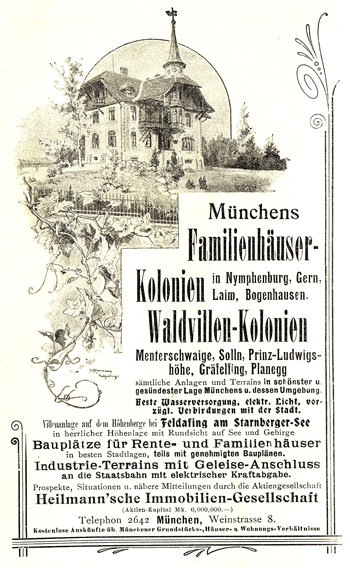 Inserat der »Heilmann'schen Immobiliengesellschaft«. Abb. aus: Offizieller Katalog der Münchner Jahres-Ausstellung im kgl. Glaspalast 1899, Band III.