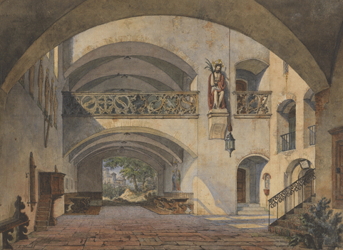Innenhof eines Klosters mit Schmerzensmann und Durchblick auf eine Burg, Aquarell von Anton Höchl, 1845.