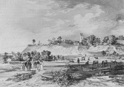 Carl August Lebschée, »Föhring«, 1818, Kupferstich aus: Malerische Topographie des Königreich Bayern, Reprint der Originalausgabe, München, Hermann und Barth, 1830, Hugendubel München 1985.