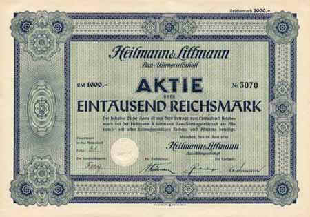 Heilmann & Littmann Aktie 1939, Wert 1000 Reichsmark