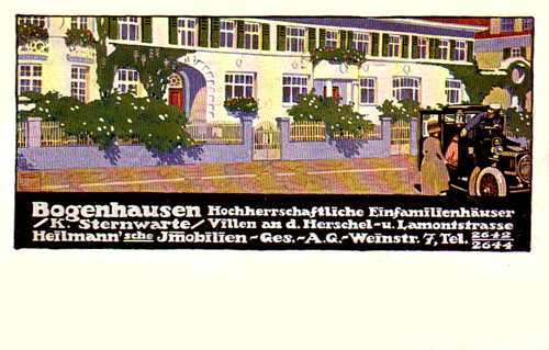 Feldpostkarte von Ludwig Hohlwein (Entwurf von 1910); gelaufen 23.4.1915; © privat. Hohlwein versucht mit seinem Werbeplakat die gewünschte Käuferschicht emotional anzusprechen, indem er vor die vornehmen Reihenhauszeile mit bewachsenen Vorgärten ein Automobil platziert. War der Besitz eines Automobils auch nicht die Normalität in den finanzkräftigen Kreisen um 1910, so machte es doch deutlich, in welch vornehmer Welt sich die Immobilgengesellschaft bewegte ...
