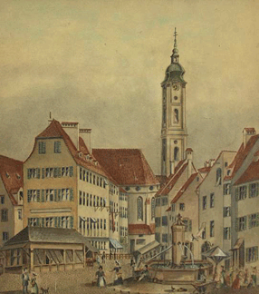 Ansicht auf die Heiliggeistkirche München. Aquarell von Anton Höchl, 1867.