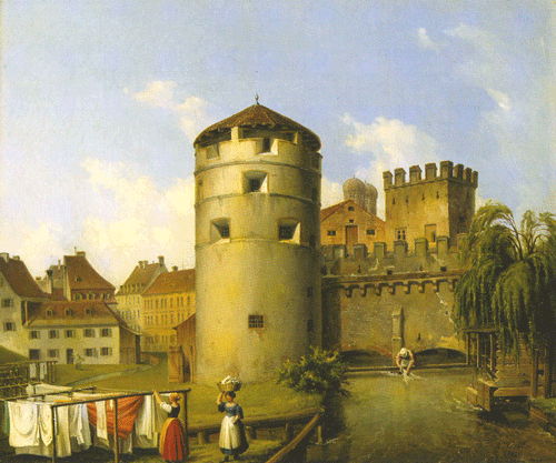 Rosschwemmbach mit Rundem Turm, im Hintergrund der Fischerturm, Ölbild von Anton Höchl,1843.