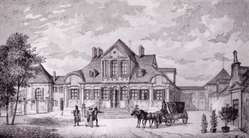 Die Ausflugsgastwirtschaft Neuberghausen (Bogenhausen), früher Törring-, dann Hompeschschlösschen, Aquarell von Anton Höchl, 1863.