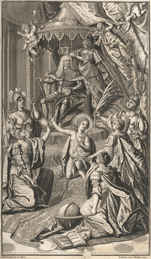 Johann David Jung: Allegorische Darstellung der Kaiserkrönung Karls VII. in Frankfurt am Main, mit der Reichskrone, 1742