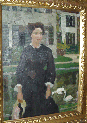 Das Ölgemälde »Dame mit Schwan« ist eines der letzten Gemälde von Friedrich Lauer, wohl um 1930 auf Urfahrn/Chiemsee entstanden