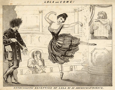 Zeichnung: Lola Montez bei einem Auftritt in Amerika, Quelle unbekannt