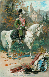 Kunstpostkarte, vermutlich um die Jahrhundertwende: König Ludwig II von Bayern, in der Uniform seines 4. Chevauleger Regiments auf einem Schimmel