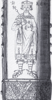 Detail der Scheide des Reichsschwertes des Heiligen Römischen Reiches, mit der Abbildung Ludwig IV. das Kind, wahrscheinlich 1198 erstellt. (Das Schwert ist unter der Inventarnummer SchK XIII 17 in der Weltlichen Schatzkammer der Wiener Hofburg ausgestellt.), Kupferstich von Johann Adam Delsenbach (1751).