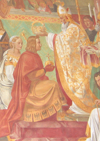 Krönung Ludwig des Bayern zum Kaiser, Ausschnitt aus einem Historiengemälde in den Hofgartenarkaden in München, 1829.