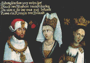 Ludwig II. der Strenge mit seinen Gemahlinnen Maria von Brabant und Anna von Glogau, Ölgemälde um 1600, nach einer Vorlage aus dem 15. Jahrhundert