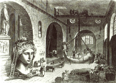 Stich mit Szene aus dem Inneren der Miller'schen Erzgießerei mit Kopf und Arm der Bavaria, ca. 1845 - 1850, unbekannter Autor