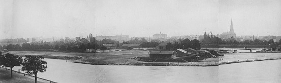 Die Isarbank um 1890 auf der heute das Deutsche Museum steht; hier baute 1158 Heinrich der Löwe die neue Brücke über die Isar