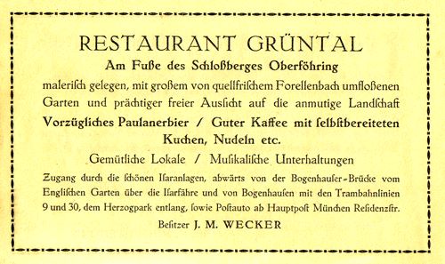 Werbung für das »Restaurant Grüntal« am Fuße des Schloßbergs Oberföhring, aus der Postkartenserie von Fritz Meyer, 1913.