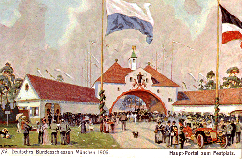 Historische Ansichtskarte aus dem Jahr 1906, aus Anlass des 15. Bundesschießen in München auf der Theresienhöhe. © privatsammlung dietlind pedarnig