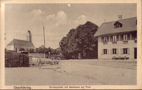 Kolorierte Ansichtskarte »Gruß aus Oberföhring«, ca. um 1900. Verlag Hans Pernat, München.