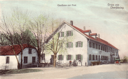 Kolorierte Ansichtskarte »Gruß aus Oberföhring«, ca. um 1900. Verlag Hans Pernat, München.