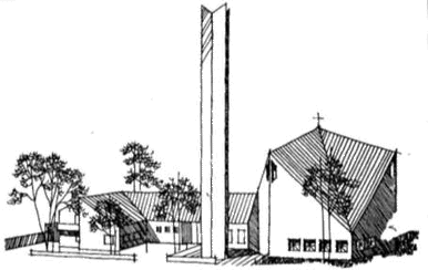 Architektenskizze der Immanuelkirche mit Turm und Gemeindezentrum ( © Pfarramt Immanuelkirche)