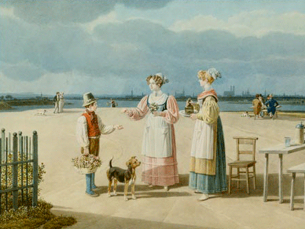 Terrasse bei Föhring", um 1827. Aquarell von Wilhelm von Kobell. Quelle: Staatliche Graphische Sammlung München, Inv. Nr. 1906:148. Das Aquarell stellt den Biergarten des Ausflugslokals "beim Wirt" bei Föhring dar. Im Mittelpunkt stehen zwei junge Kellnerinnen, die einem adrett gekleideten Buben Blumensträuße abkaufen. Zwischen die Gruppe hat sich ein kleiner Hund geschoben. Die lichte Bildbühne dehnt sich tief in den Bildraum, auf dem Spaziergänger aus der Stadt, ein "Millimadl" und Münchner Bürger am Biertisch zu sehen sind. Dahinter erscheinen verschattet die Isar, ganz links der Zwiebelturm von St. Georg in Bogenhausen und die Türme Münchens unter bewölktem Himmel.