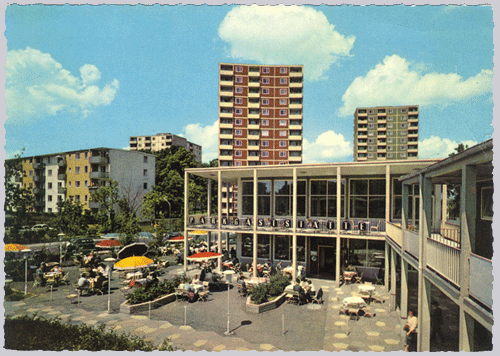 Parkgaststätte und Hochhäuser Buschingstraße, Postkarte, Ende 1950er Jahre.
