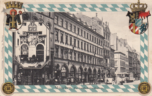 Die »Pschorrbäubierhalle« in der Neuhauser Straße 11 auf einer historischen Ansichtskarte aus dem Jahr 1921. © privat