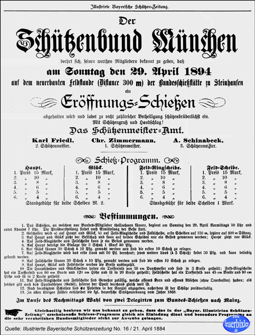 »Ladschreiben« zur Eröffnung der neu erbauten 300-Meter Schießstände in Steinhausen; Quelle: Bayerische Schützenzeitung, 1894.