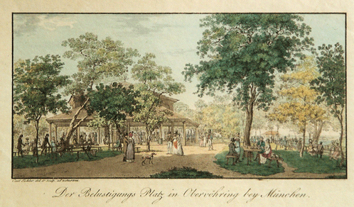 »Belustigungsplatz in Oberföhring bey München«, Lithografie 1815. Es zeigt den Gastwirtschaftsbetrieb mit dem markanten Holzpavillon zum Tanzen. Aus: Schönes altes München, hrsg. vom Kreis der Freunde Alt-Münchens, München 1965.